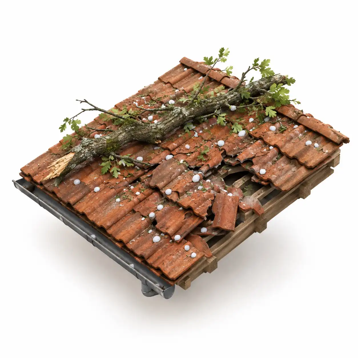 Ziegeldach mit Sturmschaden, gebrochenen Ziegeln und einem Ast