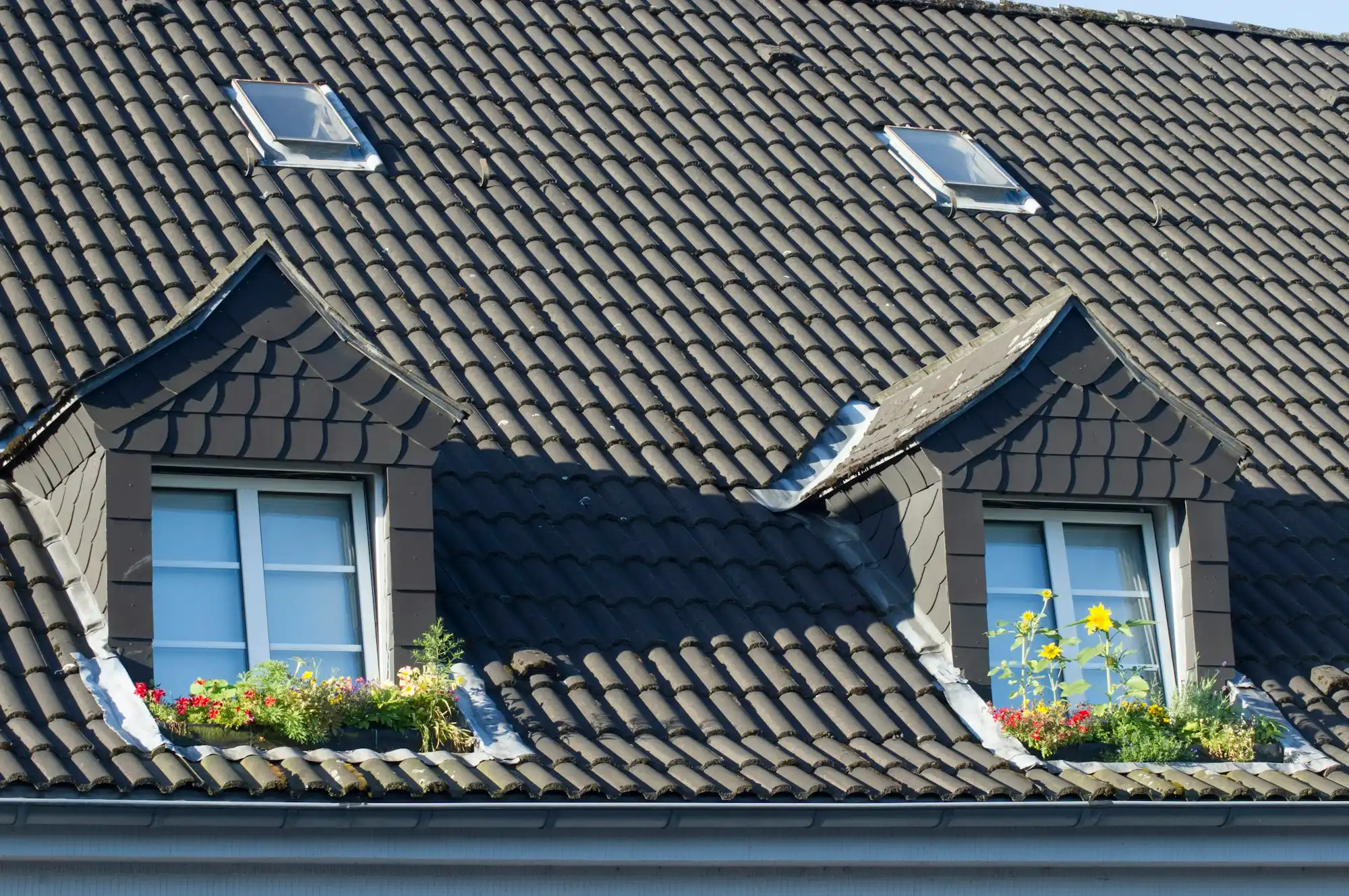 Steildach mit dunklen Ziegeln und zwei Gaupen